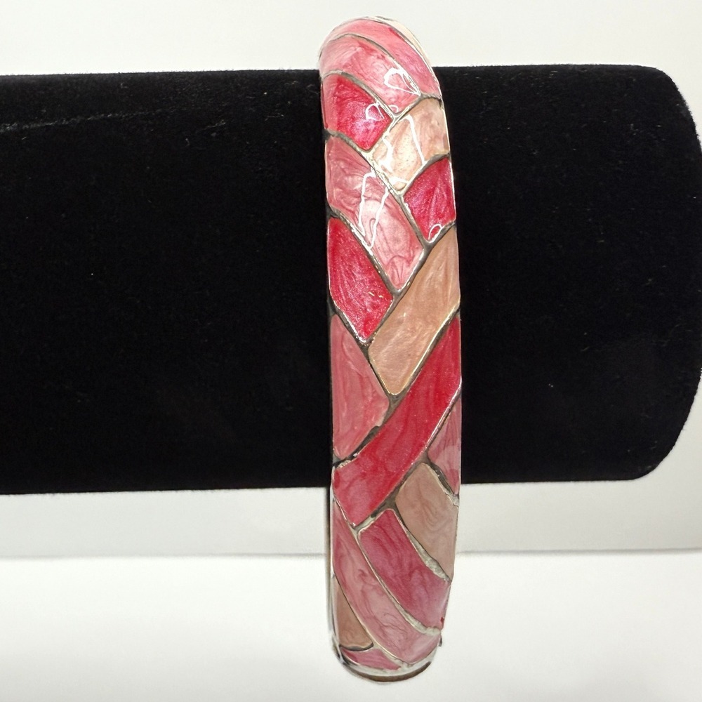 Vintage Style Pink Enamel Inlay Bangle Bracelet Silver Braided Design Hinged 8.5